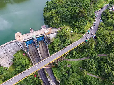 An aerial view of a hydropower dam.