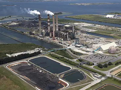 An aerial view of a coal-fired power plant on the west coast of Florida.