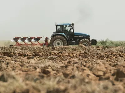 Long-distance view of two farmers riding a tractor through a grain field.