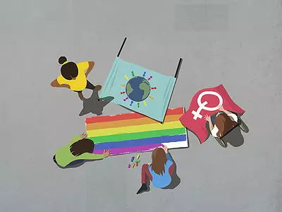 Illustration of a group of people creating Pride flags.