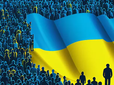 Illustration of a blue and yellow crowd of Ukrainians surrounding their flag.