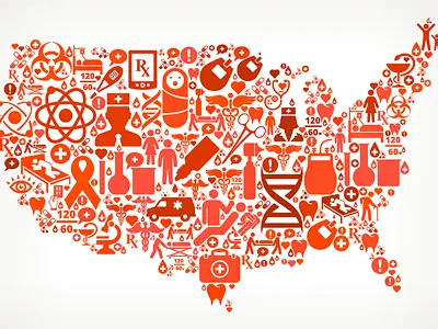 Illustration of U.S. map made up of icons related to healthcare