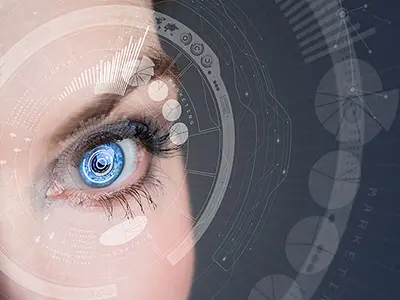 Eye with data and futuristic technology.