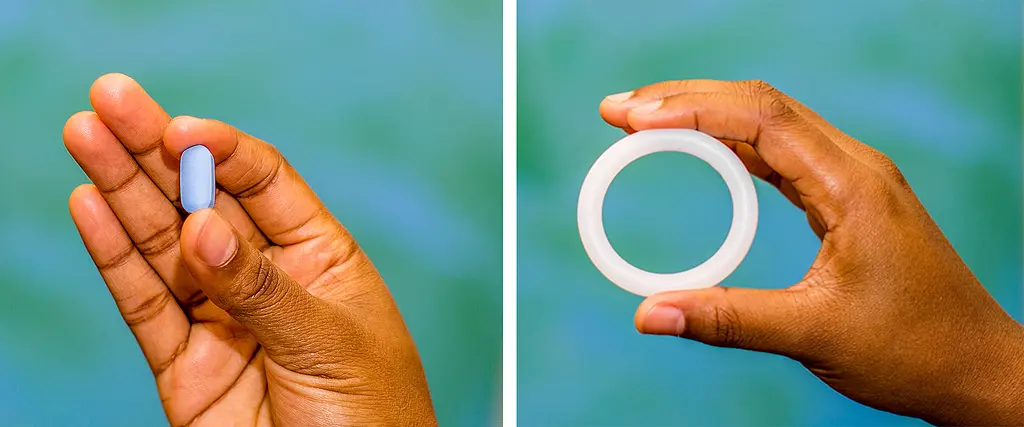 Two ways of delivering HIV preventive drugs: a pill taken daily, left, and a monthly vaginal ring, right.