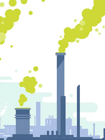 Illustration shows industrial pipes and smokestacks.