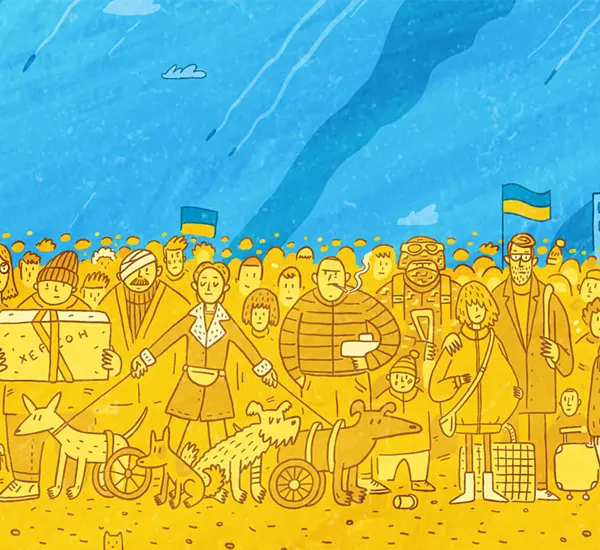Illustration of a diverse crowd of Ukrainians facing the viewer. The people are yellow against the blue sky, forming a Ukrainian flag.