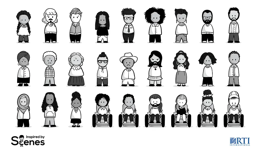Snapshot of the 27 new characters included in RTI’s diversity and inclusion add-on for Scenes, representing diversity in race and ethnicity, age, ability, and body type.