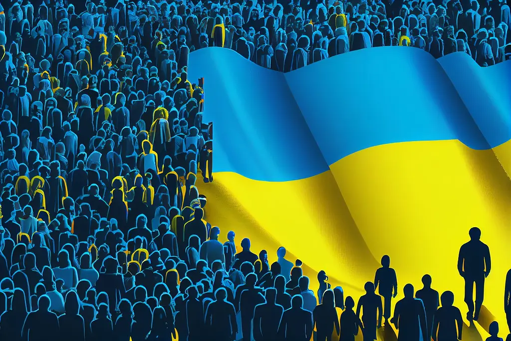 Illustration of a blue and yellow crowd of Ukrainians surrounding their flag.