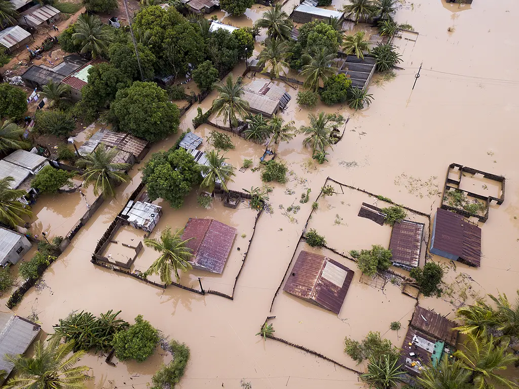 Aerial view of a flooded neighborhood in Mozambique.