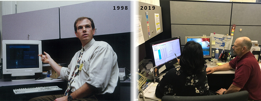 The CWR-ACP relationship spans 20 years. Left: Michael Kane giving a demonstration of the first PANFCST system to the Canal administrator in 1998 (photo by PCC). Right: Tamara Munoz, a hydrologist in the Water Resources Section at the ACP, reviewing a recent forecast with Michael Kane in 2019 (photo by Mark Woodbury).