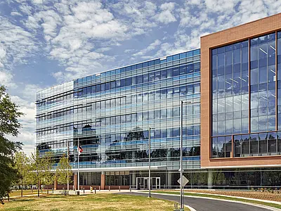 An exterior image of the flagship Horizon building at RTI's headquarters in Research Triangle Park.