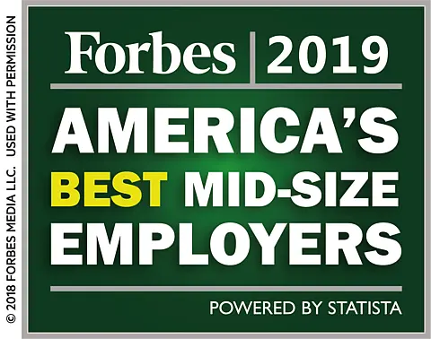 Logo for Forbes magazine's 2019 ranking of America's Best Mid-size Employers.
