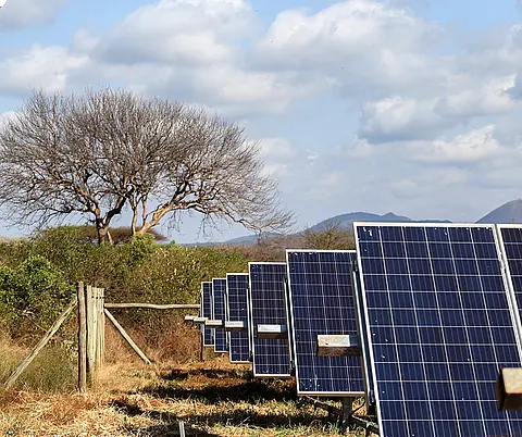 Solar panels generate electricity in a field in Kenya.
