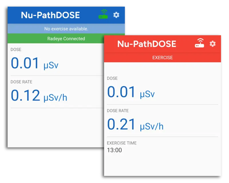 Screenshots of the Nu-PathDOSE screens, pre and post excercise.  