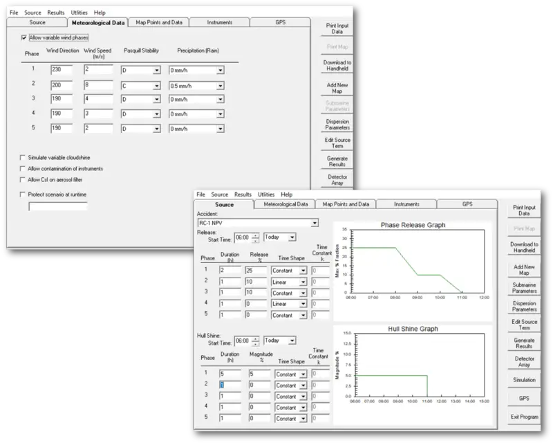 Screenshots of the Source and Meteorological Data screens in Nu-PathEXCERCISE.